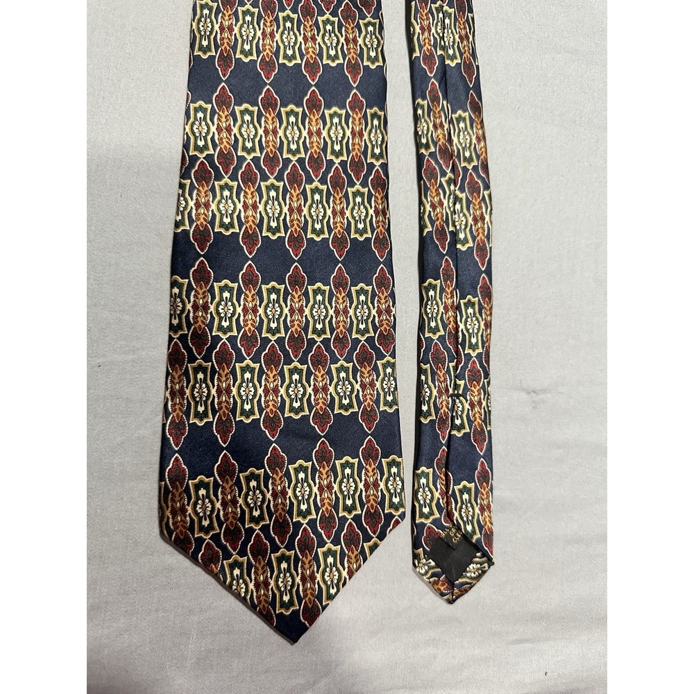 VTG Bill Blass Navy/Red/Gold Art Deco Geometric Abstract Silk Necktie